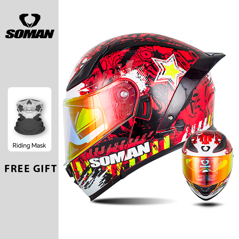 Dual Visor Motorcycle Racing Helmet - SOMAN Modüler Kask Çevirmeli Tam Yüz